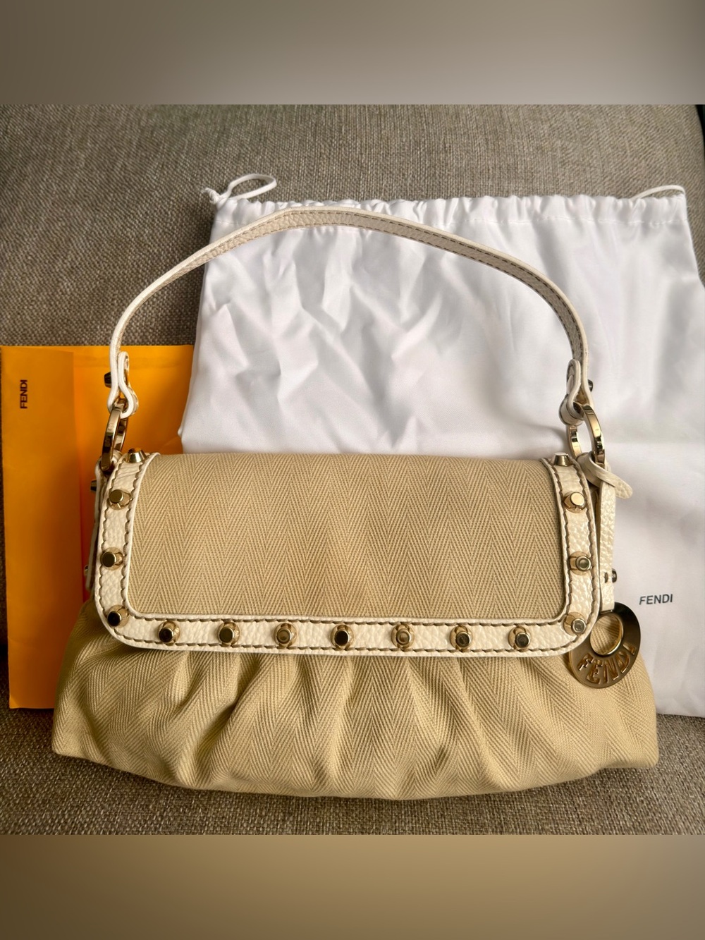 FENDI Vintage Chef Bag 8BR445 Beige White Studded Canvas Shoulder Bag Italy